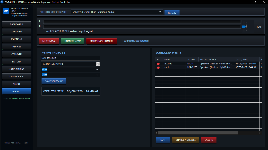 WM Audio Timer Windows application showing output control, schedules and scheduled events