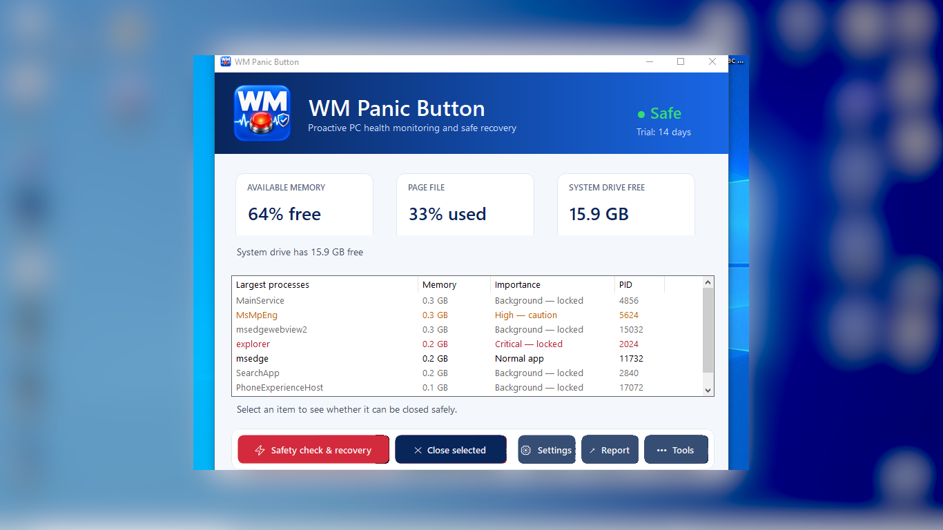 WM Panic Button dashboard showing memory, page-file and drive-space status