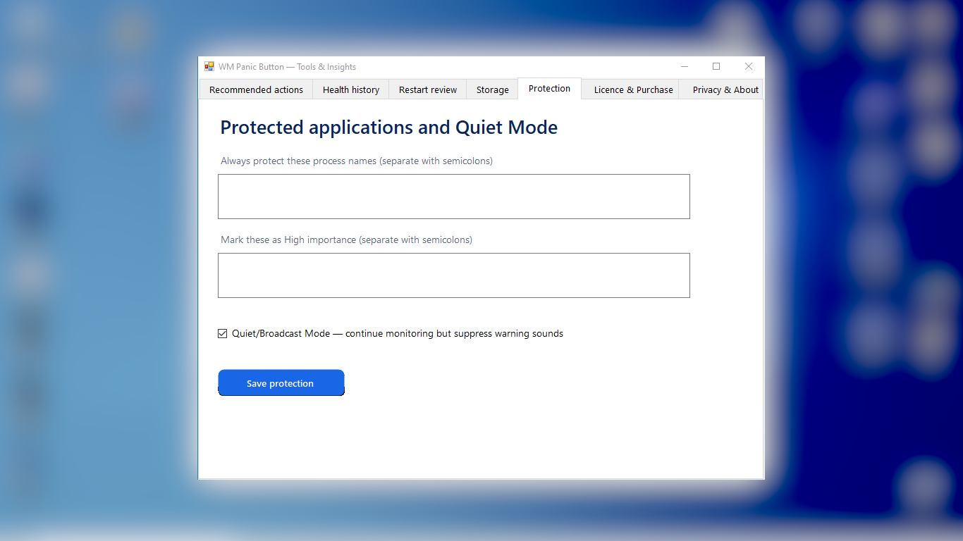 WM Panic Button protected applications and Quiet Mode settings