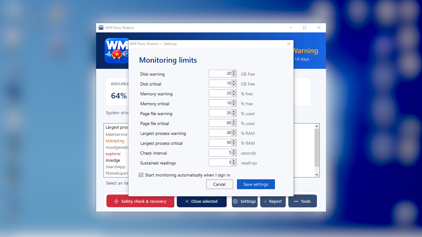WM Panic Button configurable monitoring limits