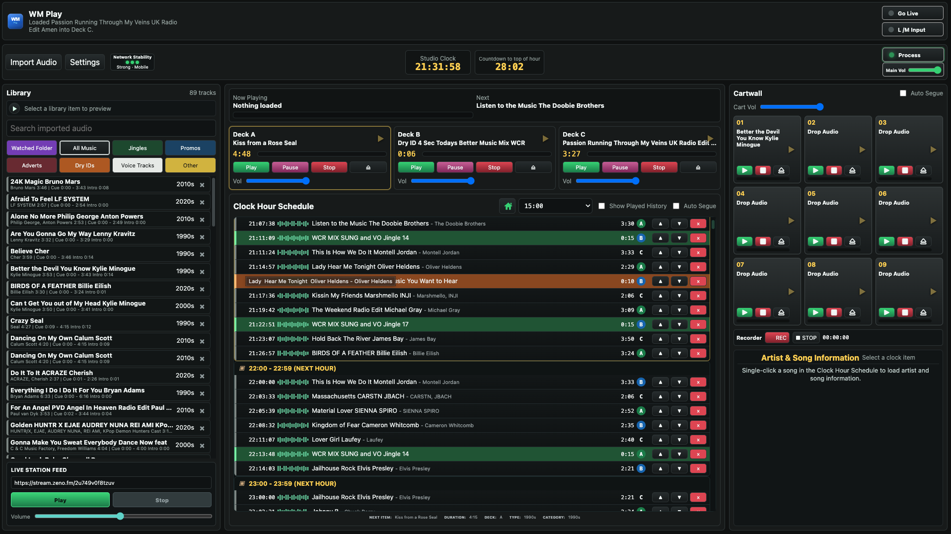 WM Play outside-broadcast software interface