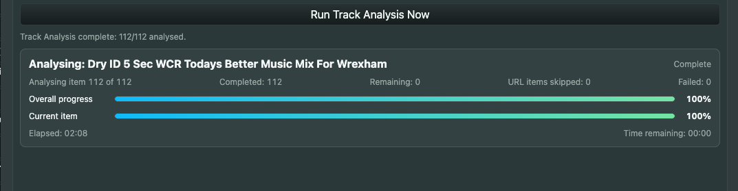 WM Play completed automatic track cue point analysis showing all 112 items analysed