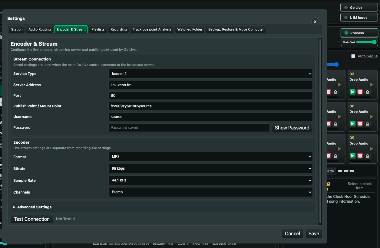 WM Play Encoder and Stream settings with Icecast connection and audio format controls