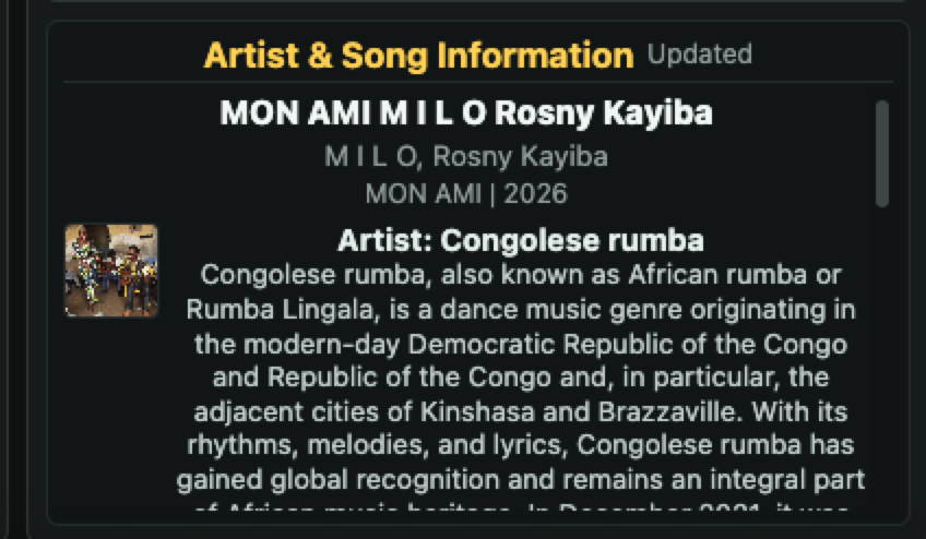 WM Play artist and song information panel