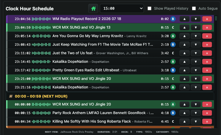WM Play Clock Hour Schedule prepared with music, jingles and voice content