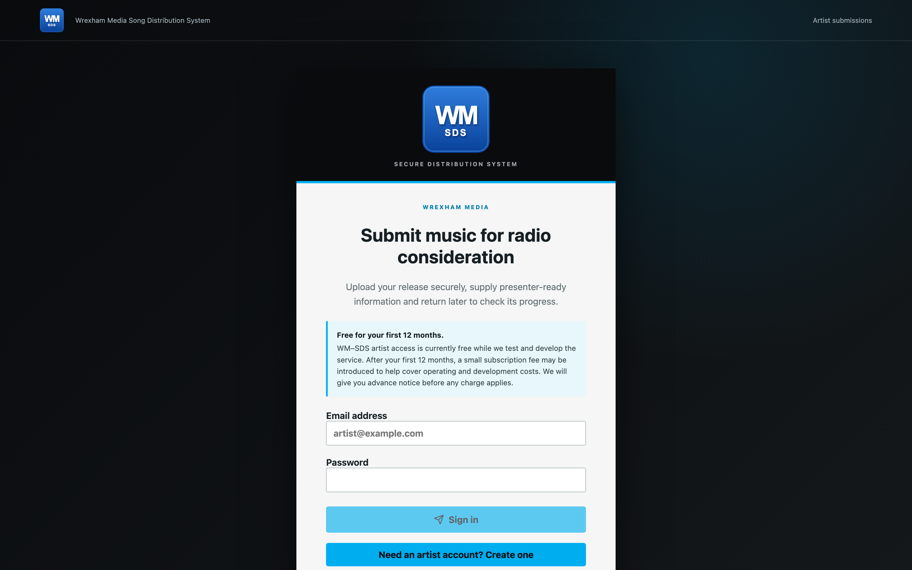 Secure WM–SDS artist submission portal