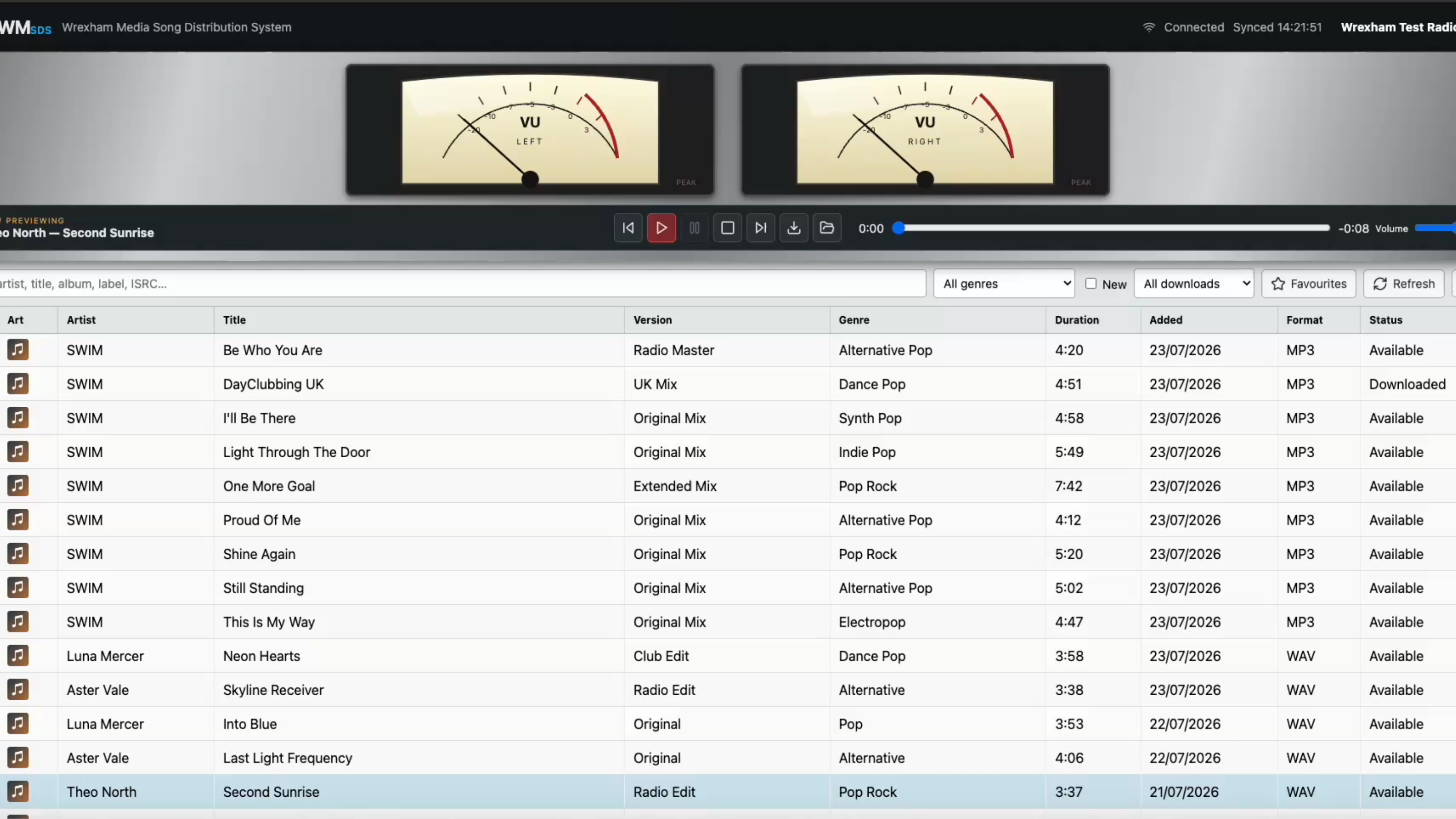 WM–SDS station software showing the music catalogue and audio preview controls